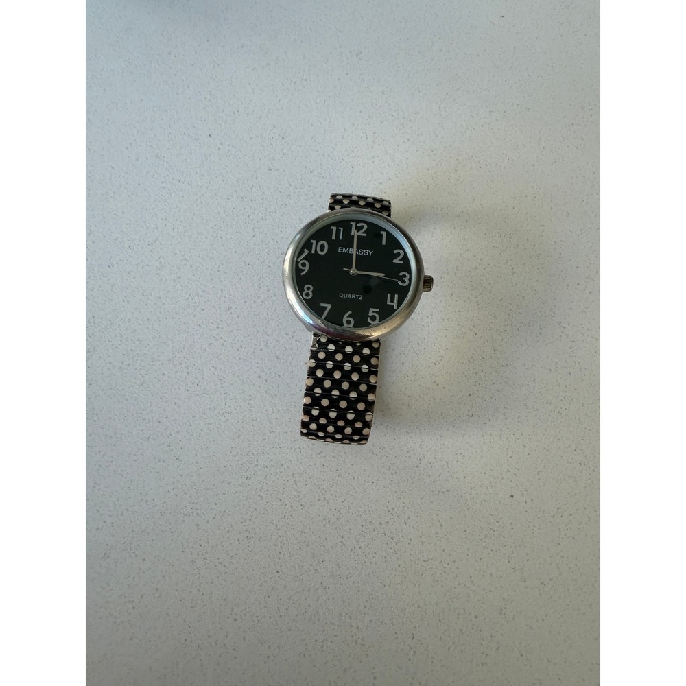 Embassy Quartz Watch Silver Tone Black Dial Polka Dot Stretch Band 0575